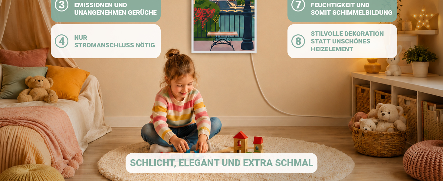 Heidenfeld HF-HP105 Infrarotheizung mit Paris-Motiv im Kinderzimmer. Platzsparendes Design mit angenehmer W&auml;rme und dekorativer Optik.